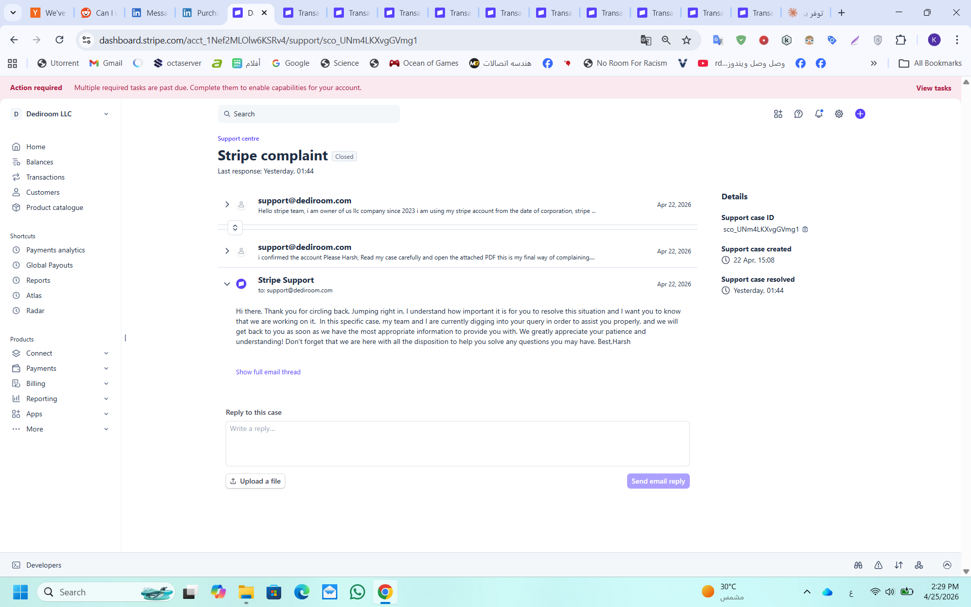 Stripe support ticket sco_UNm4LKXvgGVmg1, Stripe complaint, closed same day with generic reply from Harsh