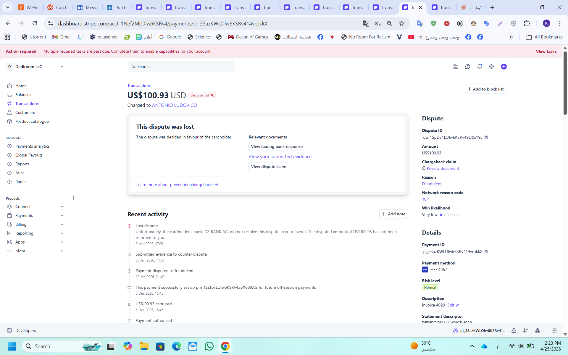 Stripe dispute $100.93 lost, DZ Bank ruled for cardholder