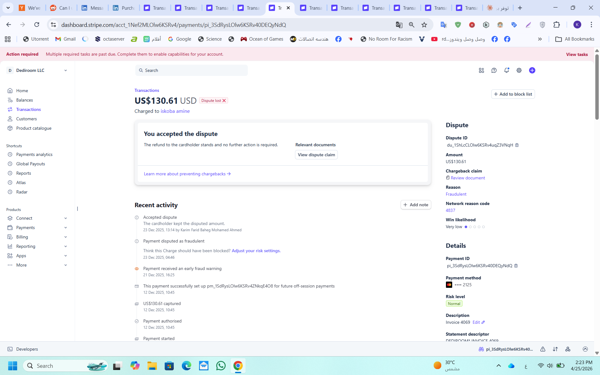 Stripe dispute $130.61 accepted, Early Fraud Warning Dec 21 triggered Dec 22 support ticket