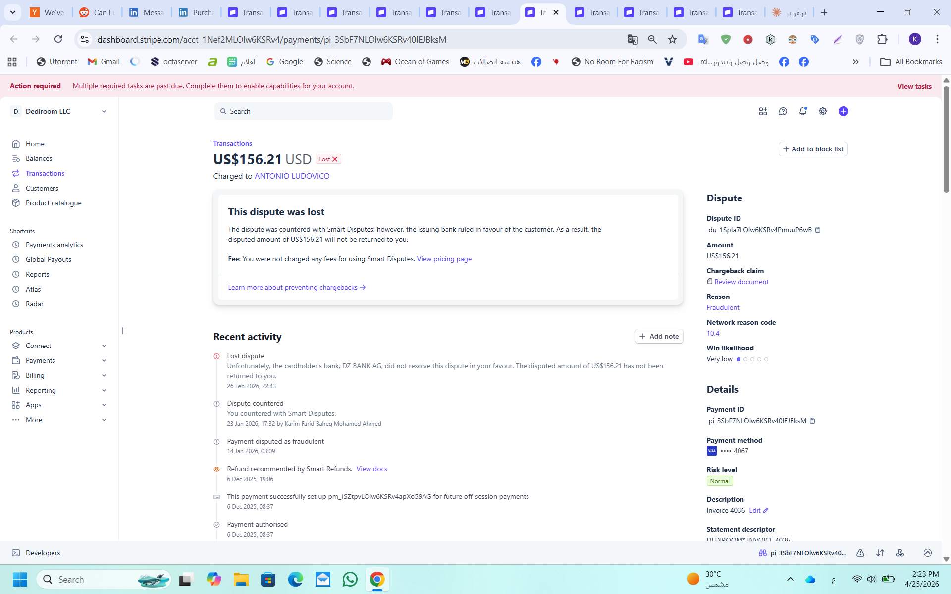 Stripe dispute $156.21 lost, DZ Bank, Smart Refund flagged Dec 6