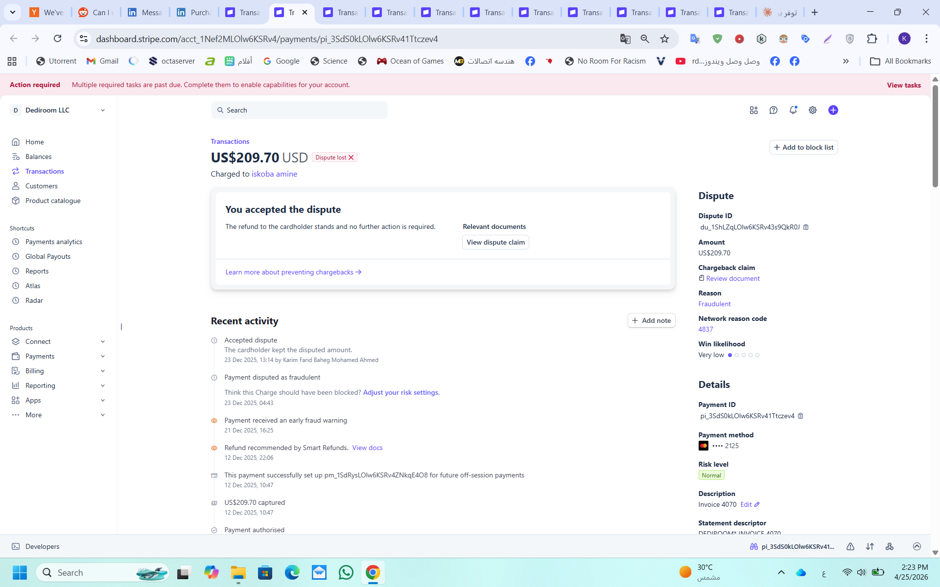 Stripe dispute $209.70, Smart Refund Dec 12 and Early Fraud Warning Dec 21, Risk Level Normal