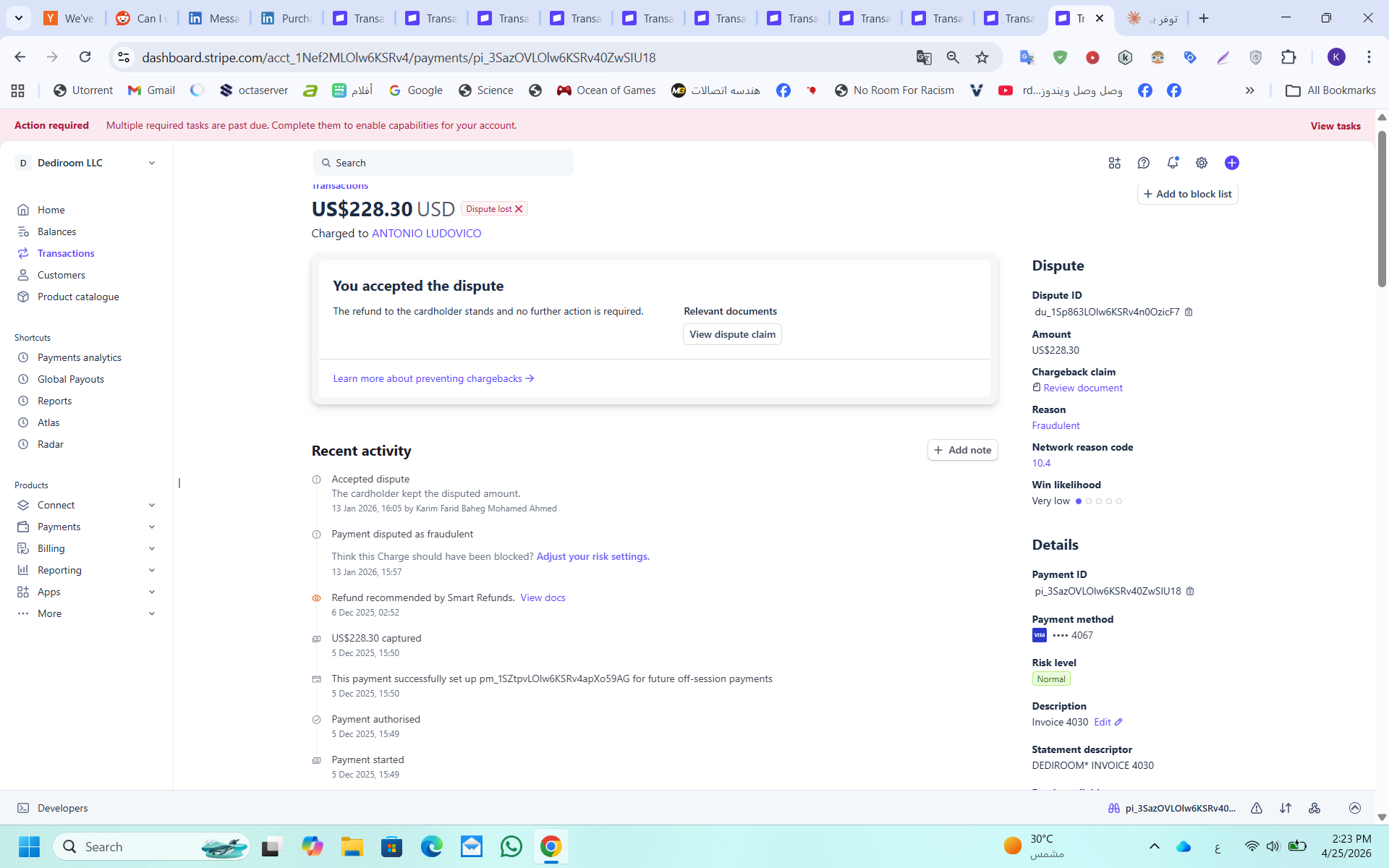 Stripe dispute $228.30 accepted, Risk Level Normal, Smart Refunds recommended Dec 6