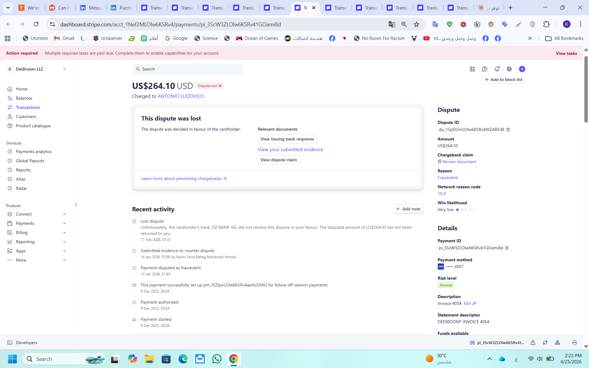 Stripe dispute $264.10 lost, DZ Bank, evidence submitted Jan 14