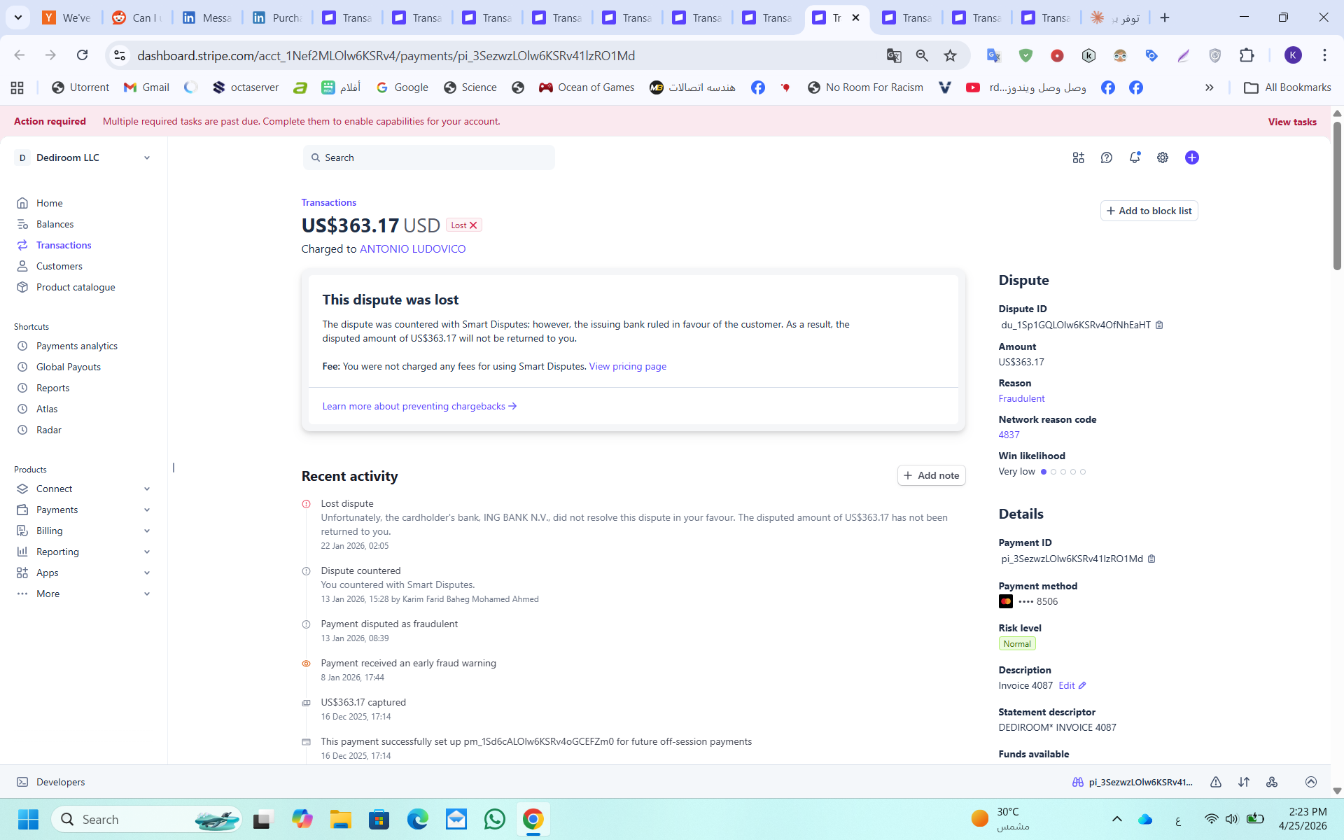 Stripe dispute $363.17 countered via Smart Disputes, ING Bank ruled for cardholder Jan 22