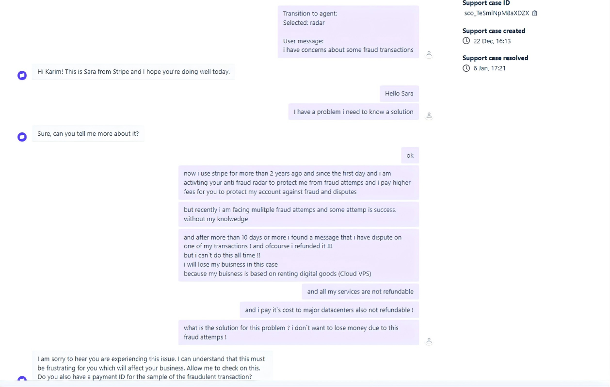 Stripe support chat Dec 22 2025 — Karim reports fraud concerns, pays for Radar, Sara asks for payment ID
