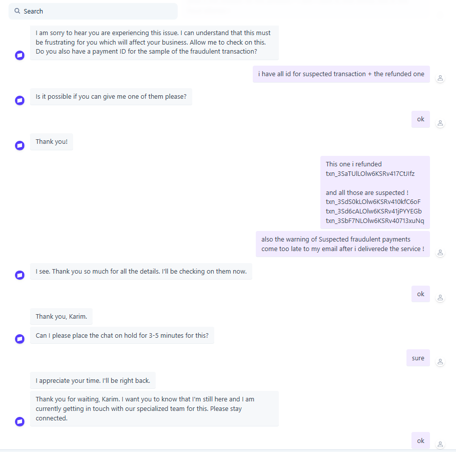 Stripe support chat — Karim shares refunded transaction ID and 3 additional suspected fraud transaction IDs before they became disputes