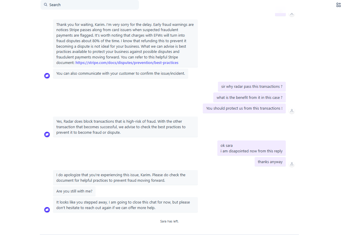 Stripe support chat — Sara says Early Fraud Warnings convert to disputes 80% of the time, advises reading documentation, Karim asks why Radar passed these transactions